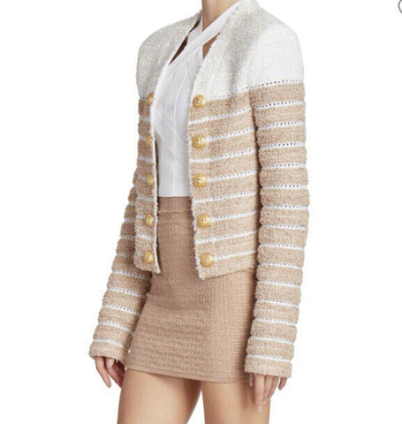 Новый твидовый жакет Balmain в полоску с эффектом металлик, бежевый/мульти, $2795, 44/12, Франция