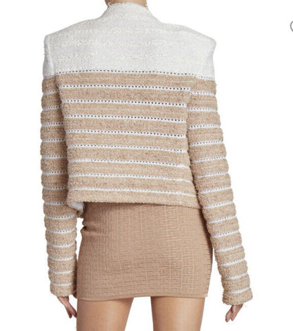 Новый твидовый жакет Balmain в полоску с эффектом металлик, бежевый/мульти, $2795, 44/12, Франция