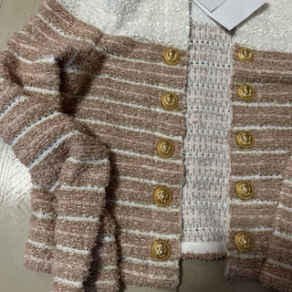 Новый твидовый жакет Balmain в полоску с эффектом металлик, бежевый/мульти, $2795, 44/12, Франция