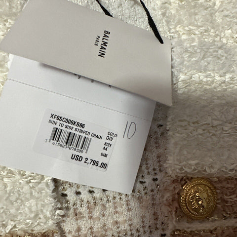 Новый твидовый жакет Balmain в полоску с эффектом металлик, бежевый/мульти, $2795, 44/12, Франция