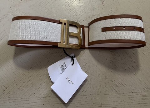 New $895 Balmain Women Leather/Canvas Wide Belt White/Brown Size 75 ( S ) Italy