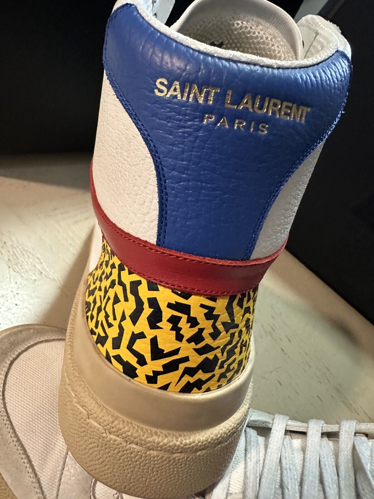NIB $ 775 Saint Laurent Herren Mid Top Sneakers Schuhe Weiß/Blau/Creme 9 US/42 Eu