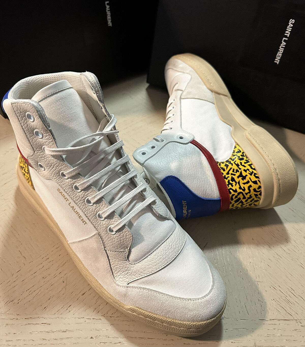 NIB $775 Saint Laurent Men Mid Top Sneakers Shoes White/Blue/Cream 9.5 US/42.5 E