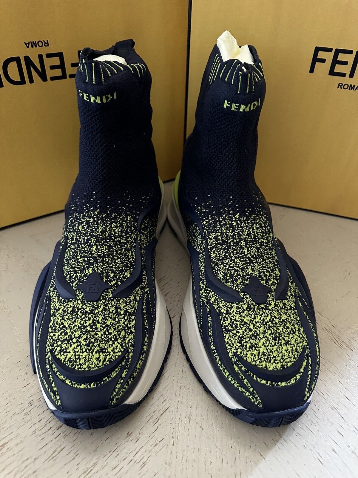 NIB $1190 Fendi Men Contrast Knit High Top Sneakers Shoes Navy/Green 12 US/11 UK