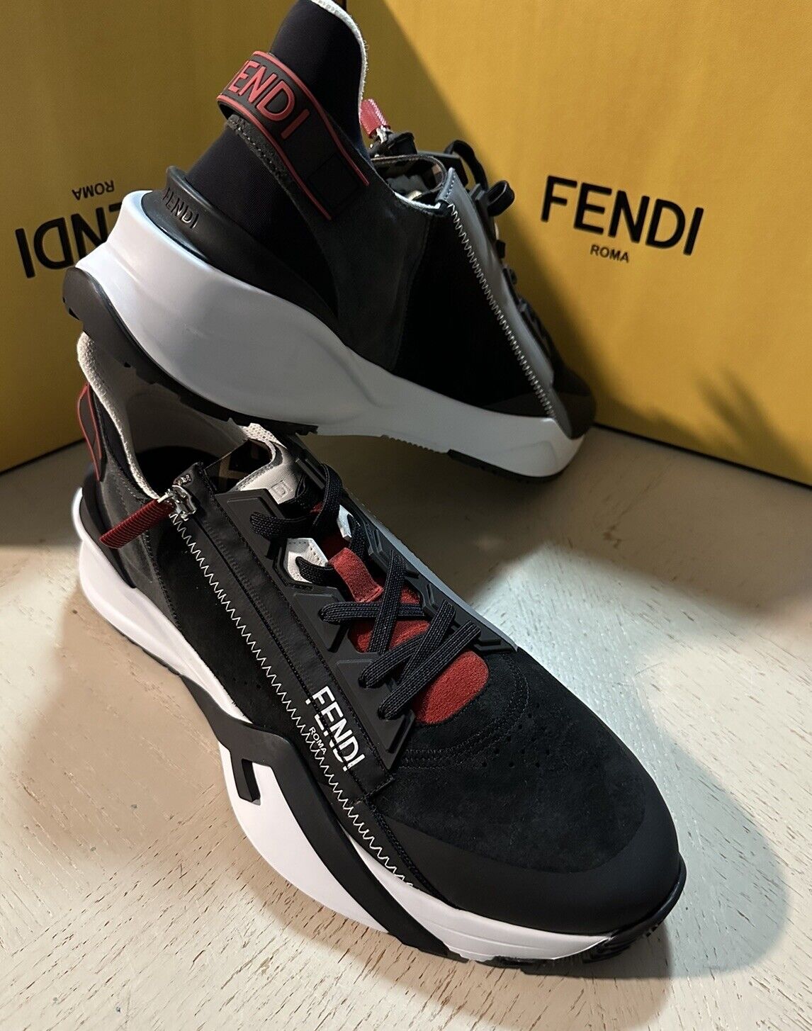 NIB $930 Fendi Men Flow FF Vertigo Mix Media Sneakers Black/Red 13 US/46 Eu