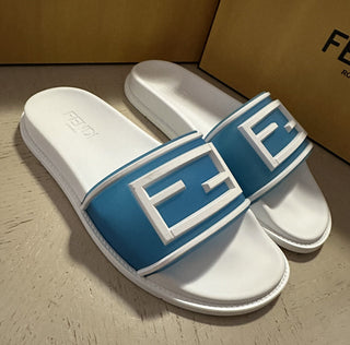 NIB 460 $ Fendi Herren FF Rubber Slide Sandalen Blau/Weiß Größe 13 US/12 UK