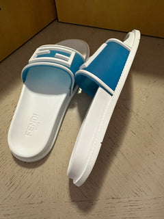 NIB 460 $ Fendi Herren FF Rubber Slide Sandalen Blau/Weiß Größe 13 US/12 UK