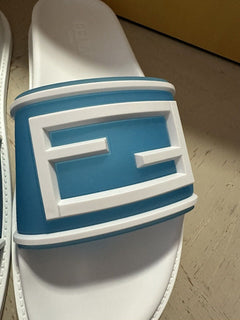 NIB 460 $ Fendi Herren FF Rubber Slide Sandalen Blau/Weiß Größe 13 US/12 UK