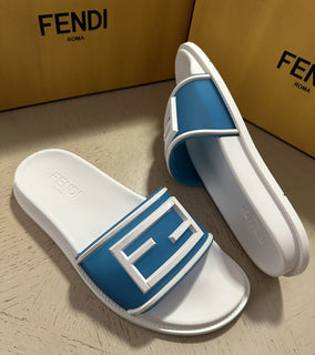 NIB $460 Fendi Men's FF Rubber Slide Sandals Blue/White Size 14 US/13 UK
