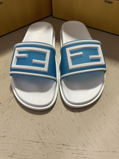 NIB $460 Fendi Men's FF Rubber Slide Sandals Blue/White Size 14 US/13 UK
