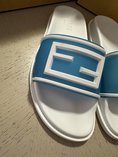 NIB $460 Fendi Men's FF Rubber Slide Sandals Blue/White Size 14 US/13 UK