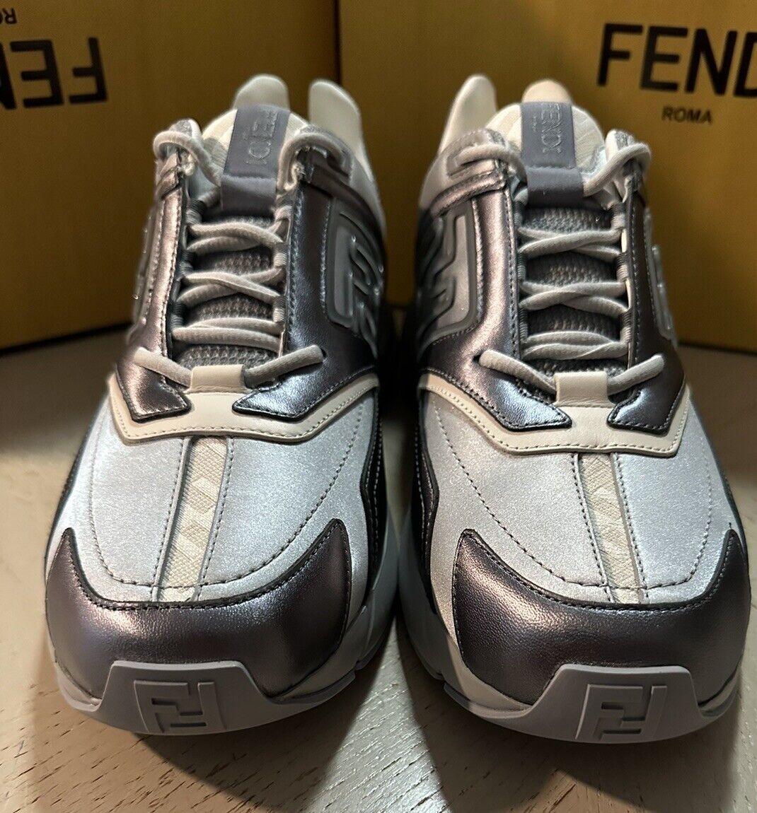 NIB Мужские кожаные спортивные кроссовки Fendi FF с логотипом за 1200 долларов США, серый/серебристый 11 США/10 Великобритания