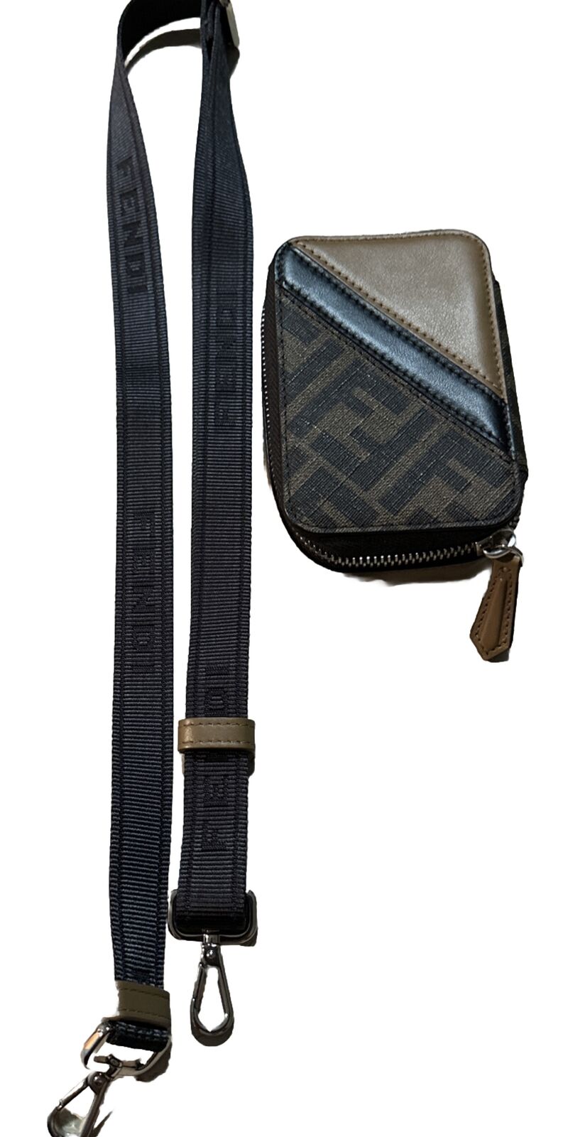 New $920 Fendi Leather/Canvas Mini Zipper Pouch Brown Italy