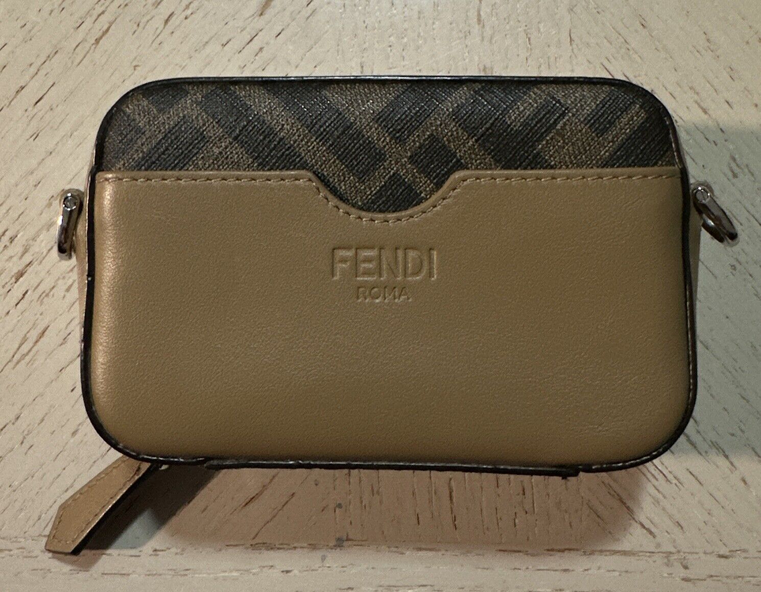 New $920 Fendi Leather/Canvas Mini Zipper Pouch Brown Italy