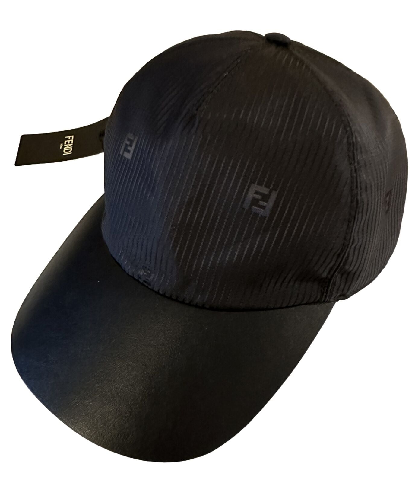 NWT 770 $ Fendi Logo Leder/Nylon Baseball Cap Hut Schwarz/Marine Einheitsgröße Italien
