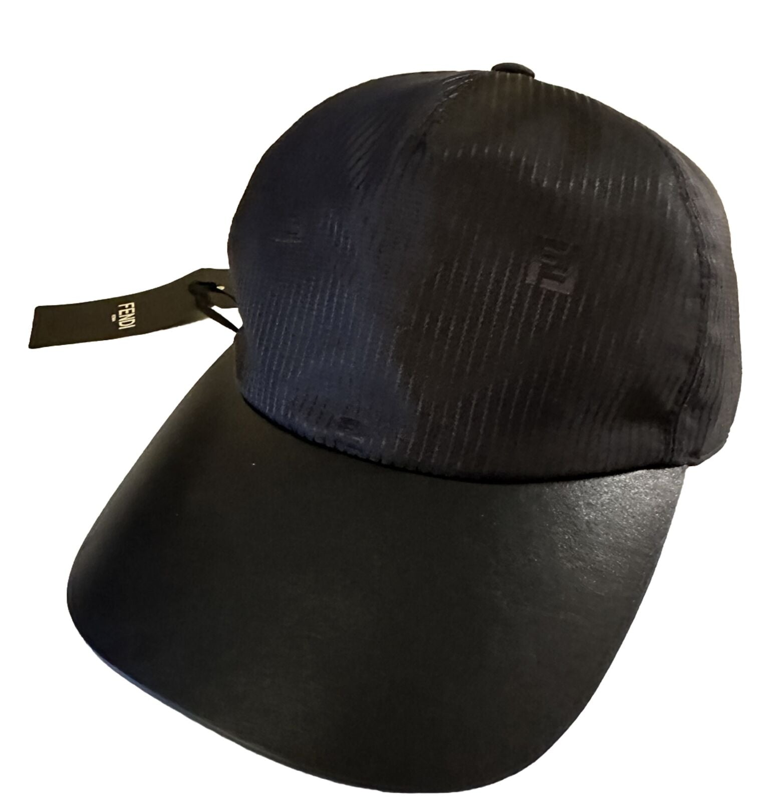 NWT 770 $ Fendi Logo Leder/Nylon Baseball Cap Hut Schwarz/Marine Einheitsgröße Italien