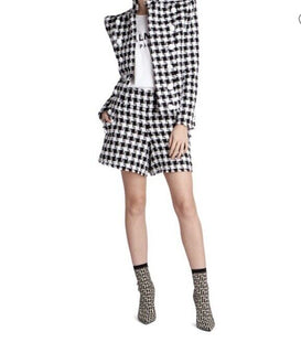 New $1650 Balmain Gingham Tweed High-Waisted 6-Button Shorts Black/White 44/12