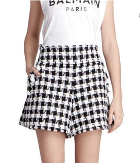New $1650 Balmain Gingham Tweed High-Waisted 6-Button Shorts Black/White 44/12