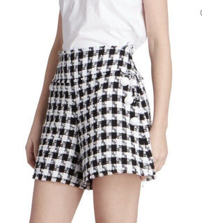 New $1650 Balmain Gingham Tweed High-Waisted 6-Button Shorts Black/White 44/12