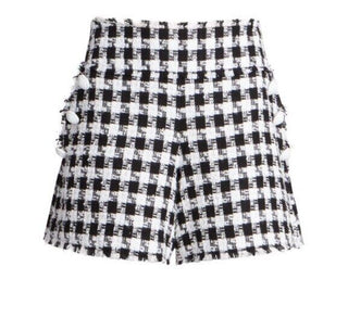 New $1650 Balmain Gingham Tweed High-Waisted 6-Button Shorts Black/White 44/12