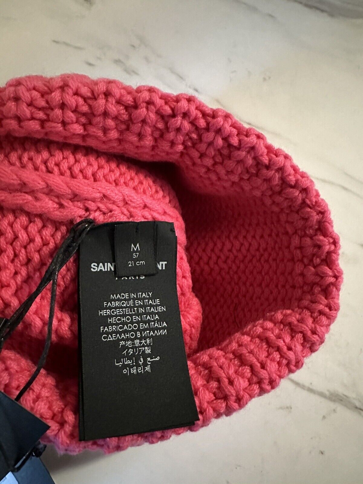 NWT Saint Laurent Women Knitted cuff Cashmere Beanie Hat Color Fucsia/Red M