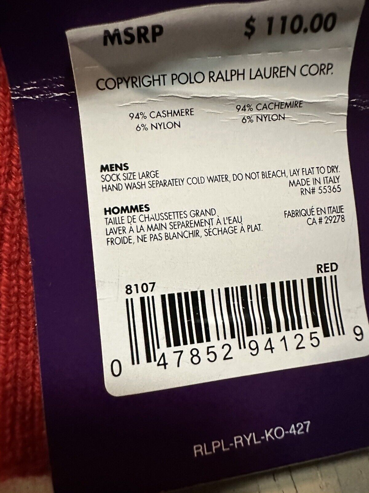 NWT $130 Ralph Lauren Purple Label Cashmere Men Socks Red Size  L