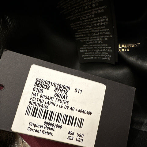 NWT  Saint Laurent fedora hat in rabbit felt DK Burgundy Size S ( 56 ) Italy