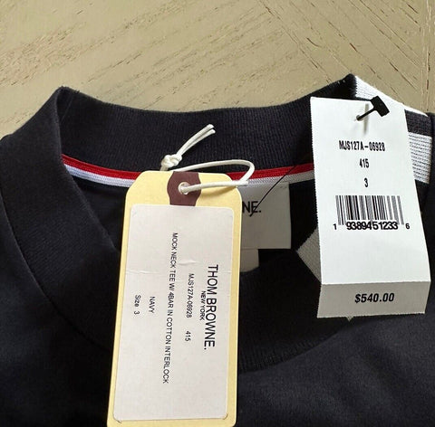 New $540 Thom Browne Short Sleeve Mockneck T Shirt Navy Size L ( 3 ) Italy