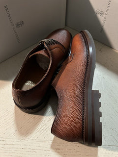 NIB $1250 Brunello Cucinelli Men Grained Leather Shoes LT Burgundy 9 US/42 Eu