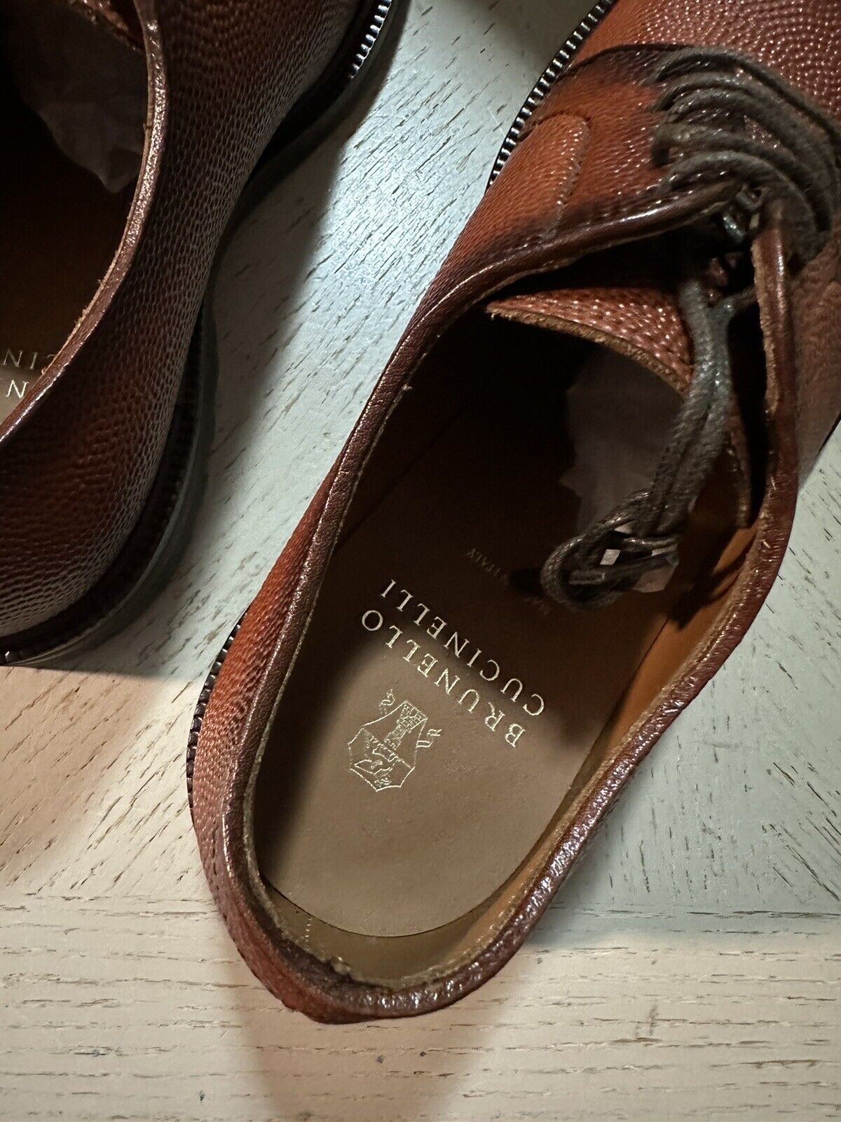 NIB $1250 Brunello Cucinelli Men Grained Leather Shoes LT Burgundy 9 US/42 Eu