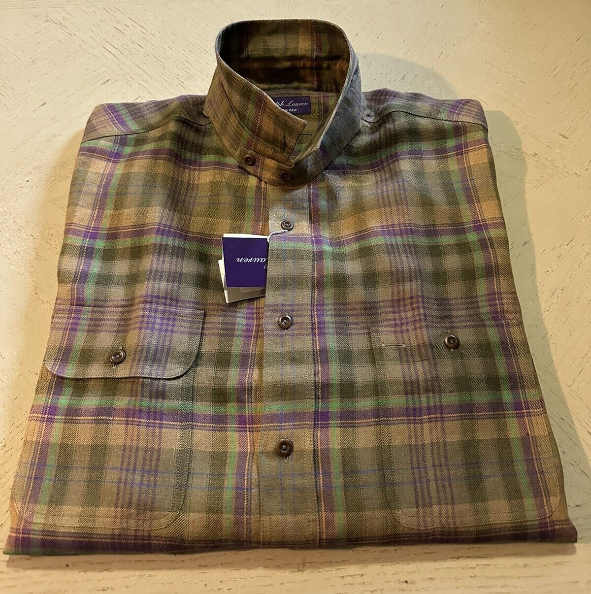 NWT $595 Ralph Lauren Purple Label Men Linen Shirt Farm Olive XXL Italy