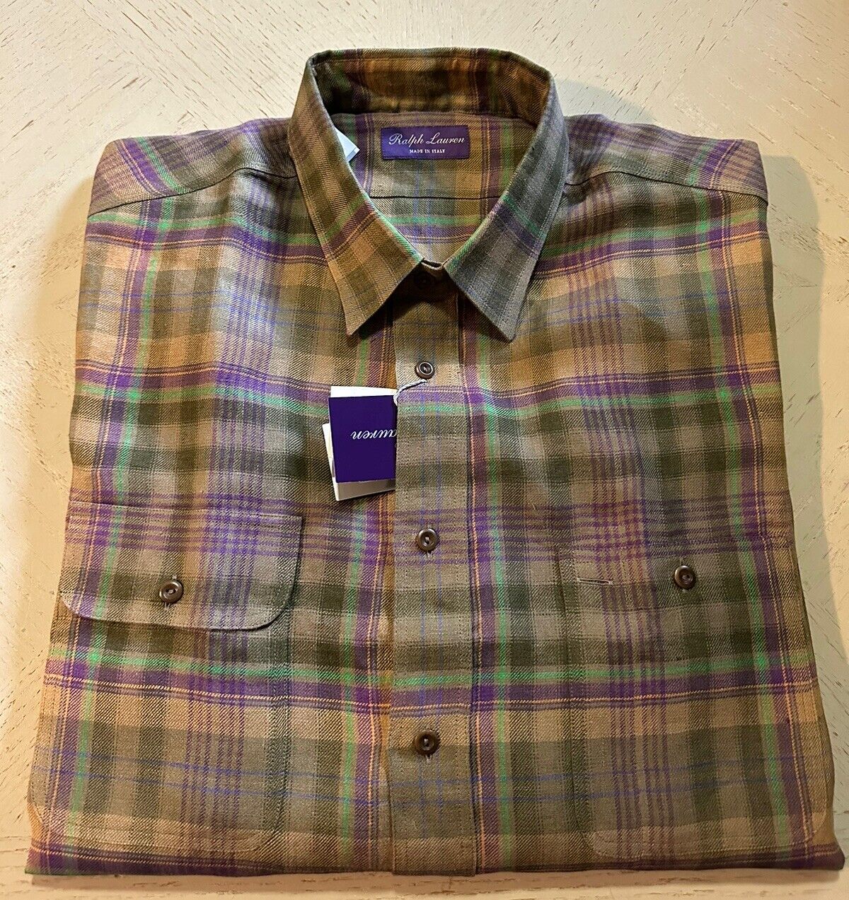 NWT $595 Ralph Lauren Purple Label Men Linen Shirt Farm Olive XXL Italy