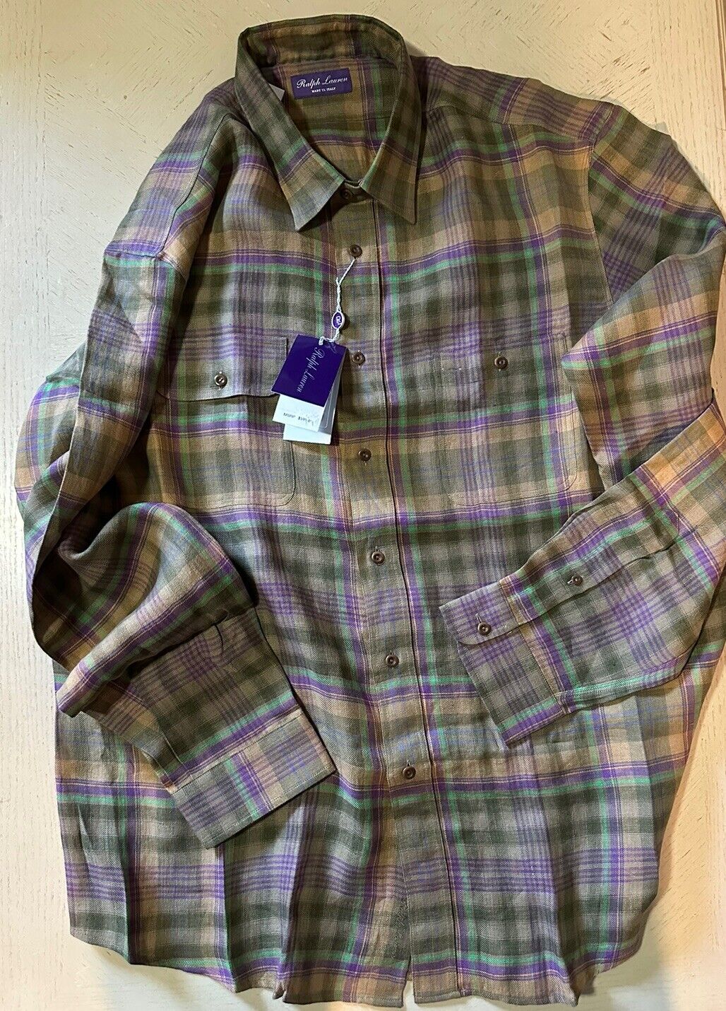 NWT $595 Ralph Lauren Purple Label Men Linen Shirt Farm Olive XXL Italy