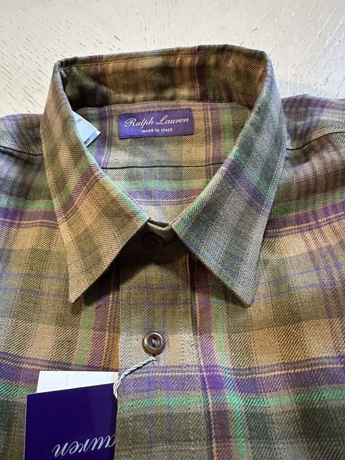 NWT $595 Ralph Lauren Purple Label Men Linen Shirt Farm Olive XXL Italy