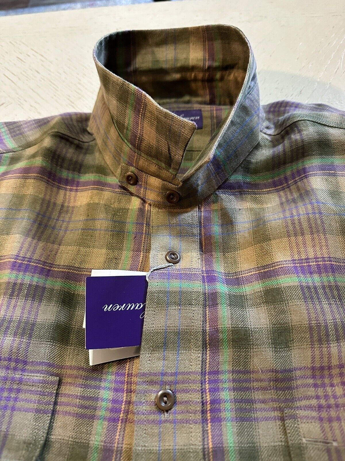 NWT $595 Ralph Lauren Purple Label Men Linen Shirt Farm Olive XXL Italy