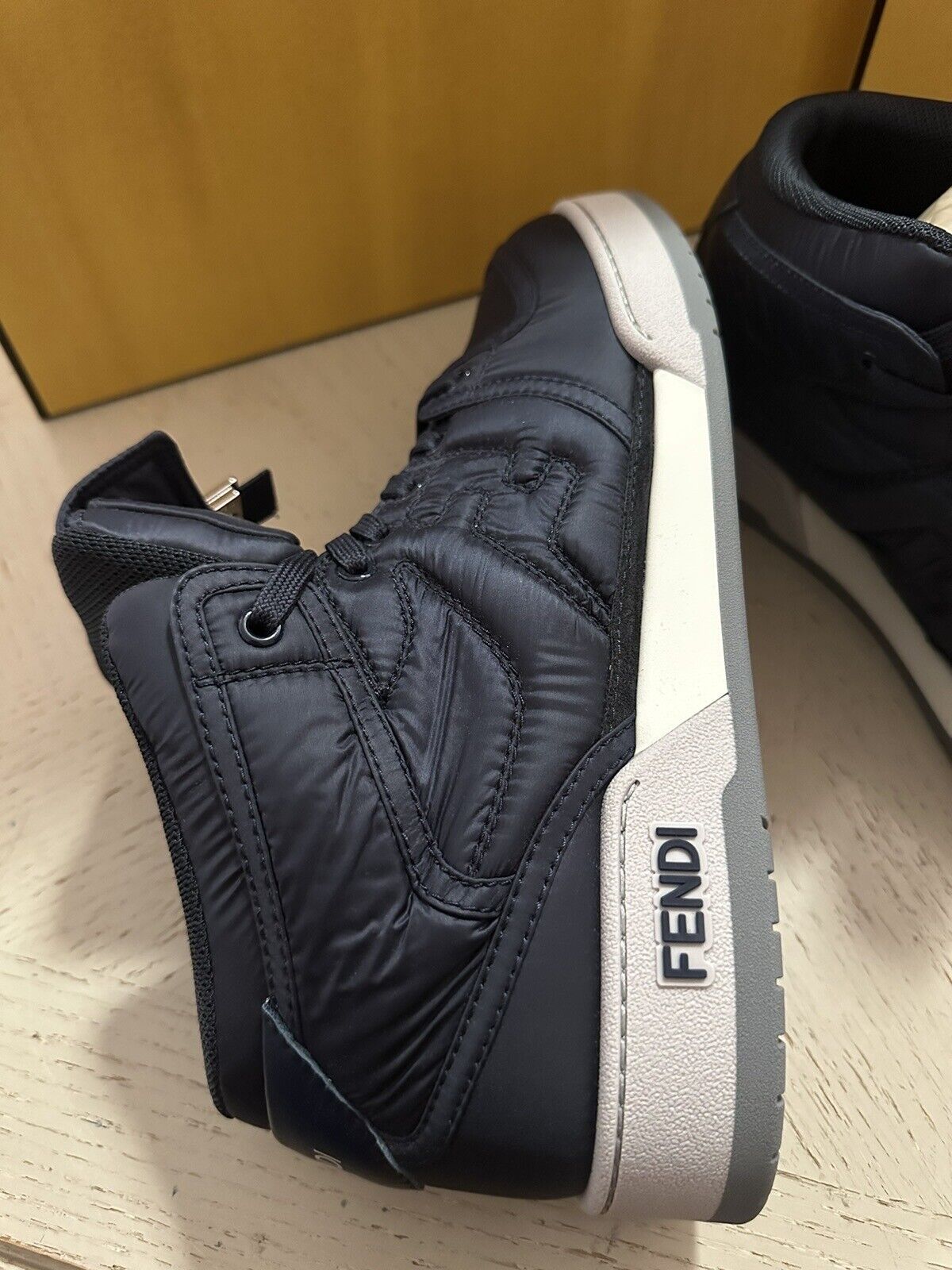 NIB $1390 Fendi Men FF Logo Nylon/Leather Match Sneakers Blue/Gray 10 US/9 UK