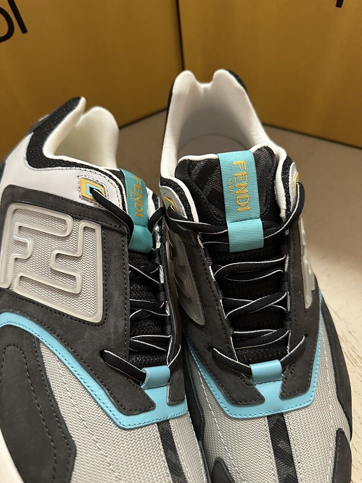 NIB $1100 Fendi Men FF Logo Leather Athletic Light Sneakers Charcoal 10 US/9 UK