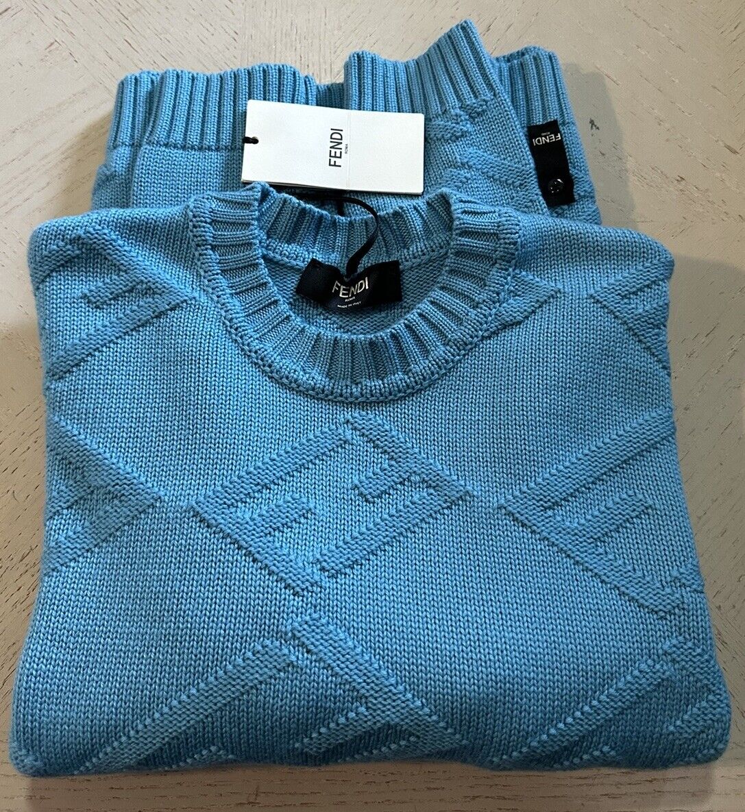 NWT $1100 Fendi Men FF Logo Crewneck Sweater Pullover Sky Blue XL US/54 Eu