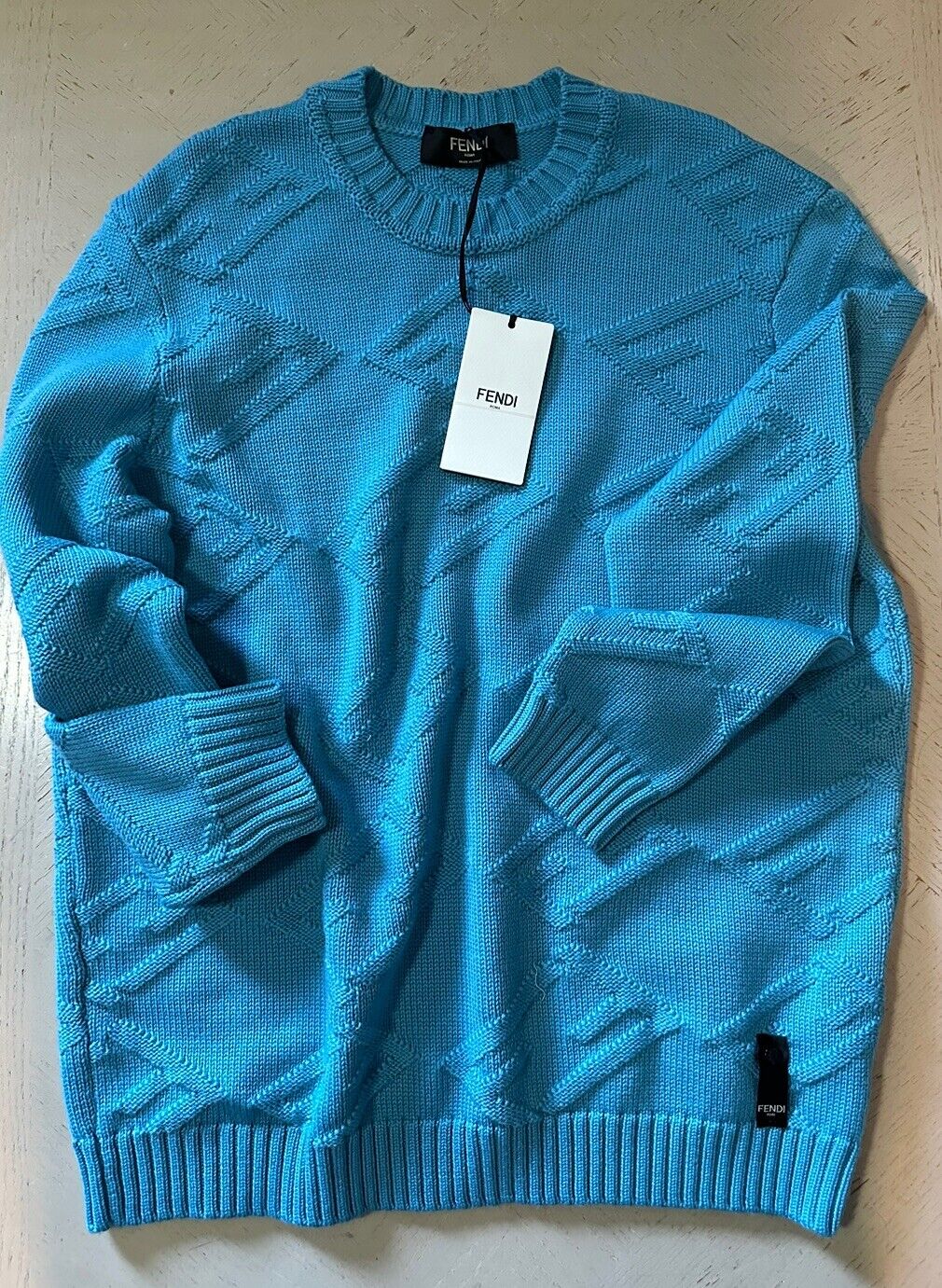 NWT $1100 Fendi Men FF Logo Crewneck Sweater Pullover Sky Blue XL US/54 Eu