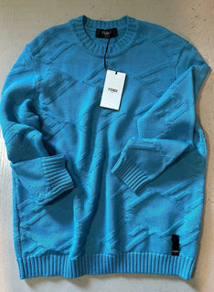 NWT $1100 Fendi Men FF Logo Crewneck Sweater Pullover Sky Blue XL US/54 Eu