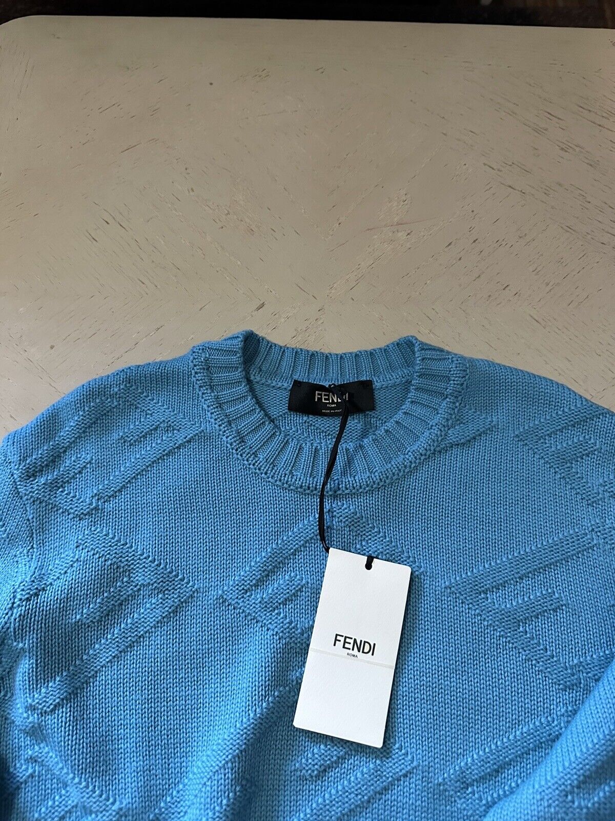 NWT $1100 Fendi Men FF Logo Crewneck Sweater Pullover Sky Blue XL US/54 Eu