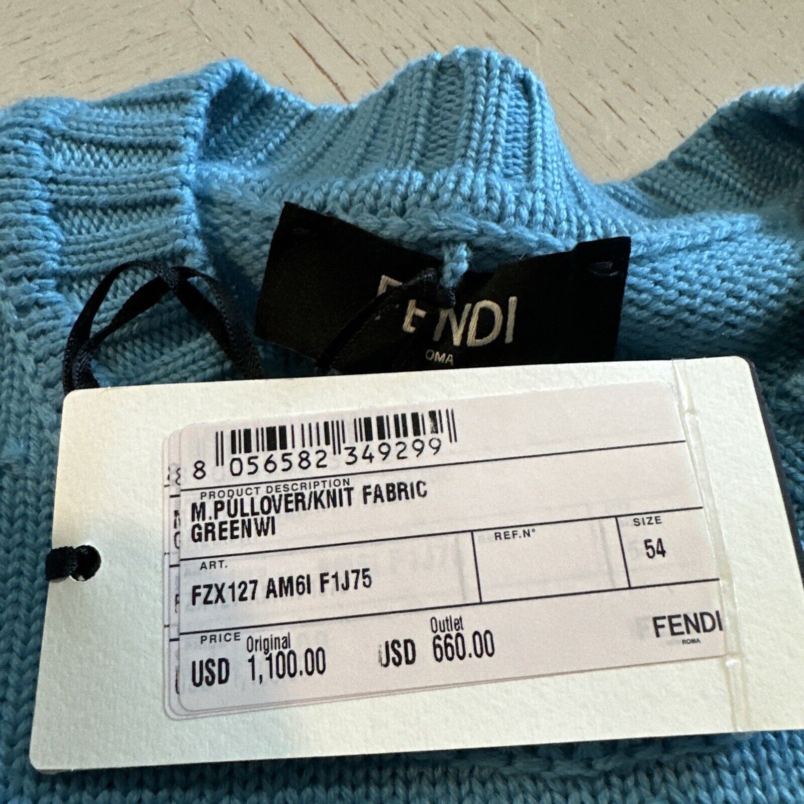 NWT $1100 Fendi Men FF Logo Crewneck Sweater Pullover Sky Blue XL US/54 Eu