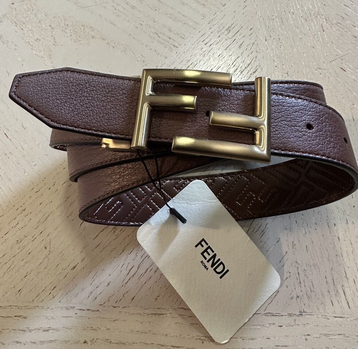 New $690 Fendi Men FF Logo Reversible Leather Belt Chocolate Brown One Size