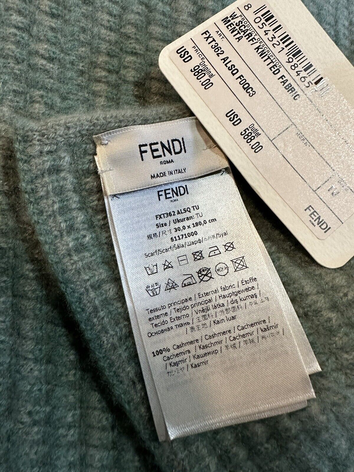 New $980 Fendi Women FF Cashmere Knit Fabric Scarf Color Menta/Green Italy
