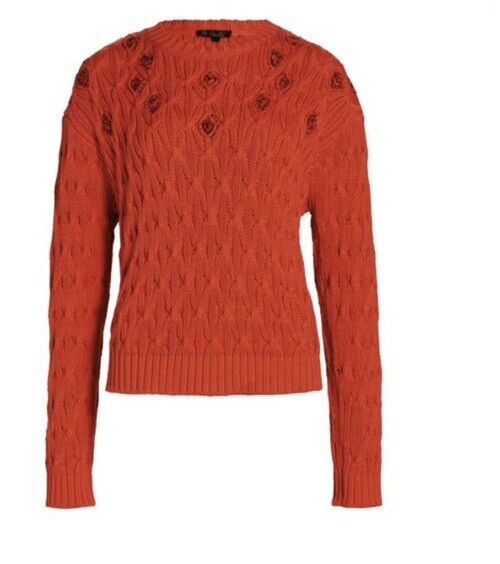 New $3350 Loro Piana Women Valencia Cabled Cotton Sweater Orange Size XL Italy