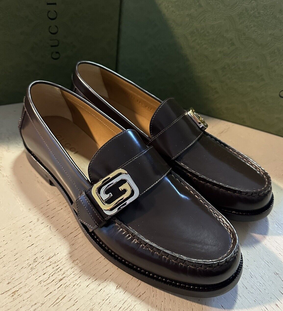 NIB Gucci Mens Loafers Moccasin GG Logo Shoes Night Cocoa 10 US/9.5 UK 723631
