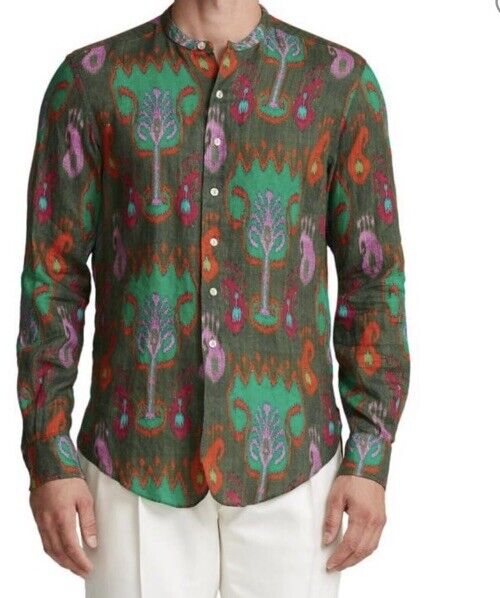 NWT $595 Ralph Lauren Purple Label Men Sahara Band Printed Linen Shirt Green XL