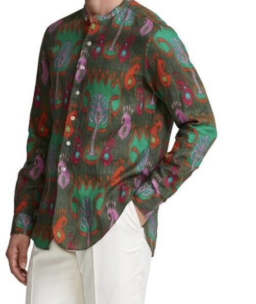 NWT $595 Ralph Lauren Purple Label Men Sahara Band Printed Linen Shirt Green XL