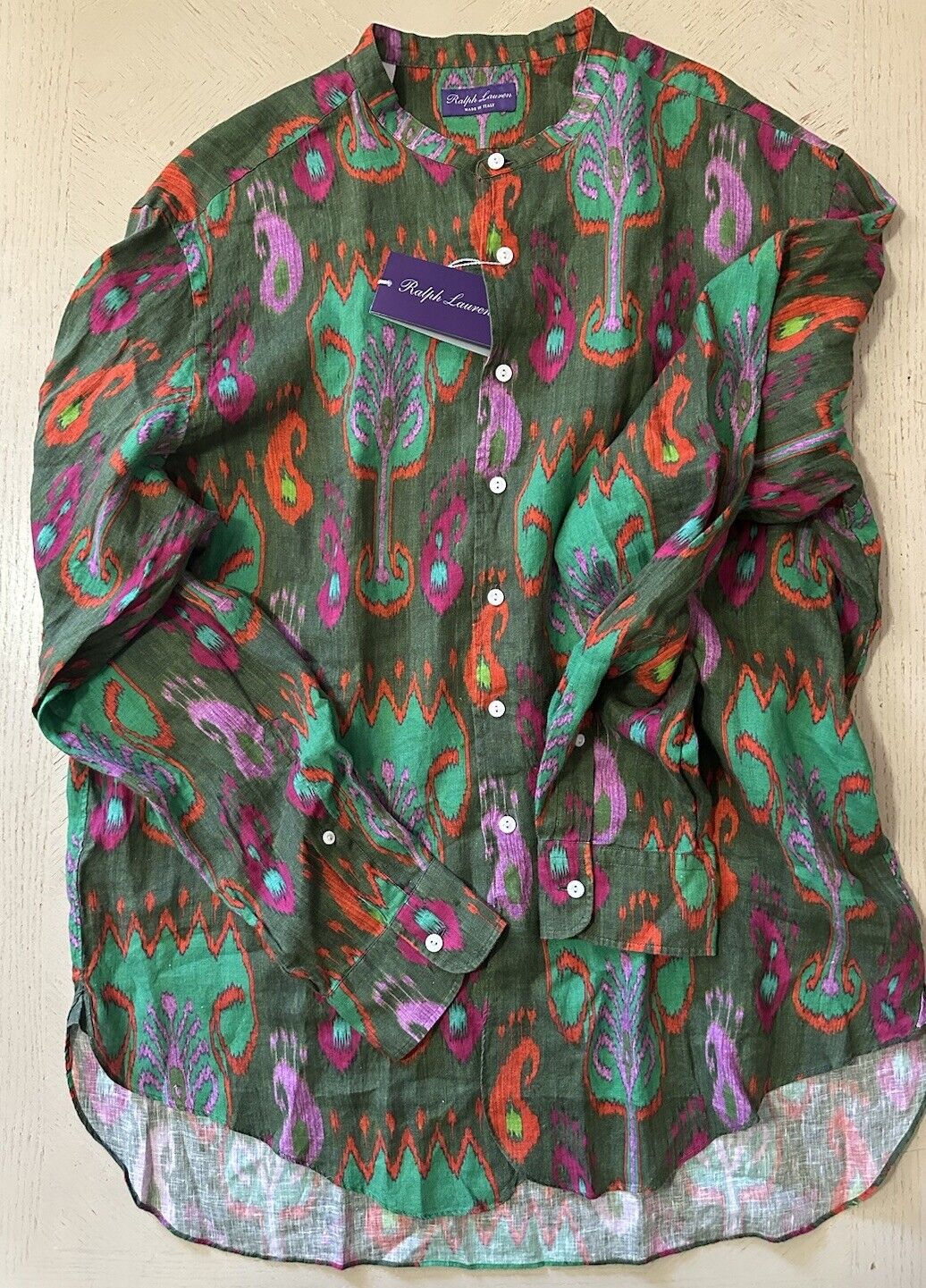 NWT $595 Ralph Lauren Purple Label Men Sahara Band Printed Linen Shirt Green XL