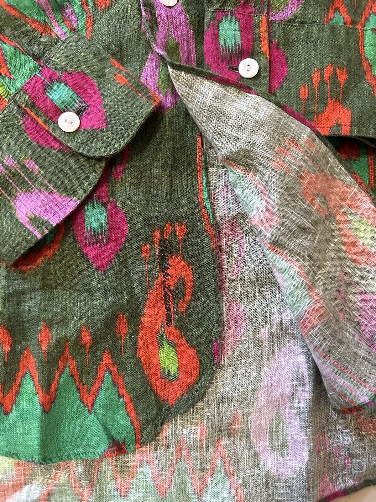 NWT $595 Ralph Lauren Purple Label Men Sahara Band Printed Linen Shirt Green XL